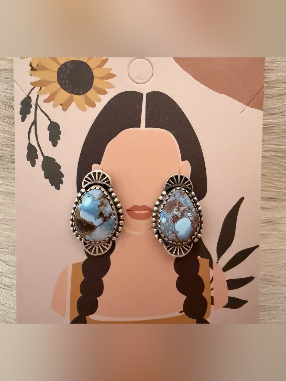 ❤️ Golden Hills Turquoise Decorative Matte Sterling Silver Stud Earrings .78”L
